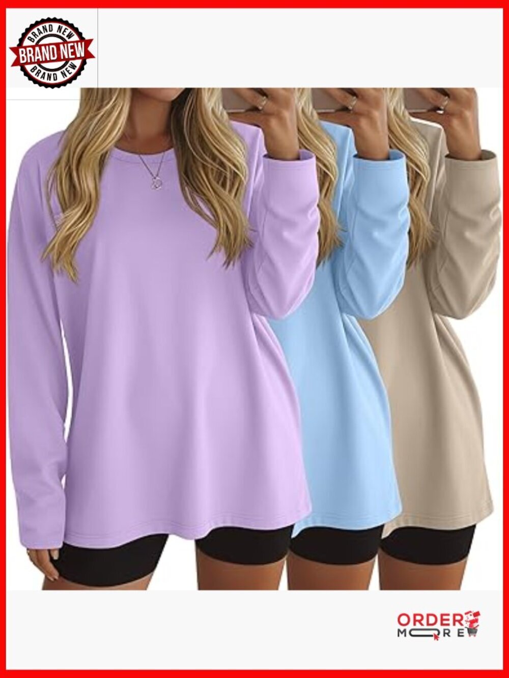 Oversized Long Sleeve Tees 3 Pack Cotton Loose Fit Workout Top